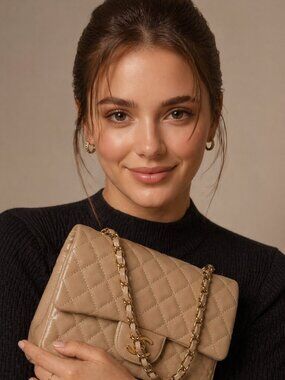 Beige Quilted Leather Shoulder Bag Chain Strap Turn Lock Crossbody Purse